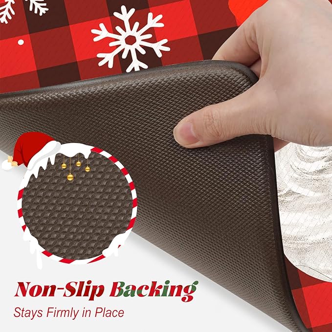 Christmas Buffalo Plaid Santa Claus Kitchen Mat 2PCS, Cushioned Anti Fatigue Kitchen Mats for Floor Non Skid Waterproof Comfort Foam Standing Rugs for Desk Laundry Office Home Decor, 17"x30"+17"x47"