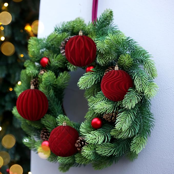 4 Pcs 4 Inch Large Velvet Christmas Ball Ornaments Vintage Christmas Plastic Ball Ornaments Flocked Tree Hanging Decoration for Xmas Party Wedding Home Decor(Wine Red)