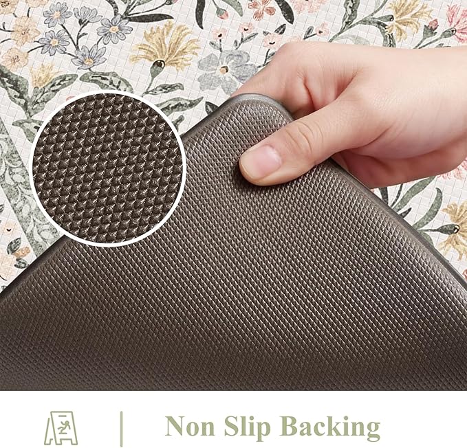 Collive Anti Fatigue Kitchen Floor Mat, Cushioned Waterproof Sink Mats Non Slip Floral Kitchen Rugs Sets of 2, Comfort Modern Standing Rug for Office, Laundry, Desk, 17"x30"+17"x47", Grey