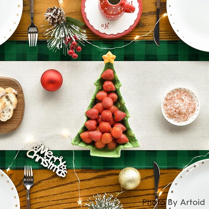 Artoid Mode Watercolor Green and Black Buffalo Plaid Christmas Trees Merry Xmas Table Runner, Seasonal Winter Holiday Kitchen Dining Table Decoration for Indoor Outdoor Home Party Decor 13 x 60 Inch