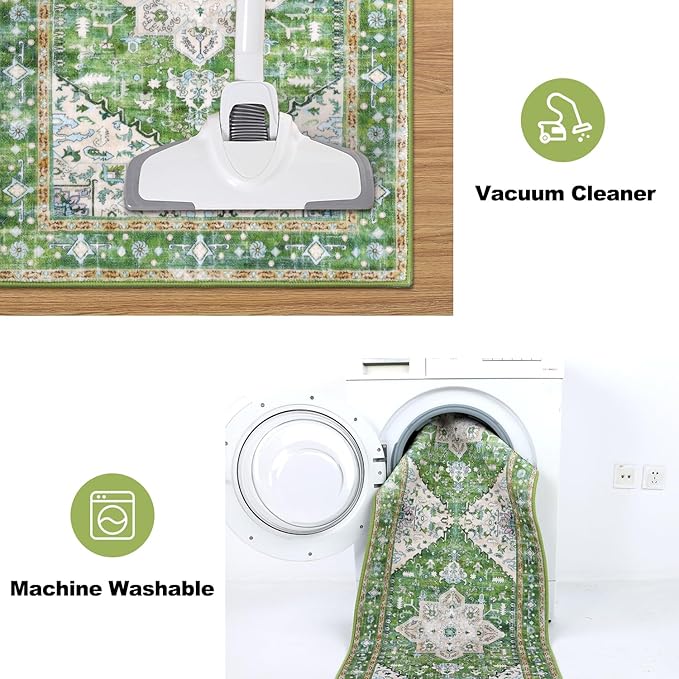 Yamaziot Boho Washable Kitchen Rugs Sets of 3, Non Slip Kitchen Mats for Floor with Rubber Backing, Waterproof & Stain Resistant Thick Carpet Runner Throw Rug for Kitchen, Laundry Room, Hallway, Green