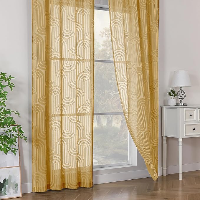 Simplebrand Sheer Gold Curtains 72 Inches Long 2 Panels for Window, Geometric Mid Century Light Filtering Semi Sheer Curtains for Front Back Patio Glass Door with Rod Pocket, 42" Wx72 L