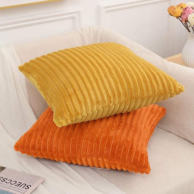 Simmore Decorative Fall Throw Pillow Covers 12x20 Set of 2, Soft Natural Plush Flannel Double-Sided Fluffy Lumbar Pillow Covers for Couch Sofa Living Room, Orange