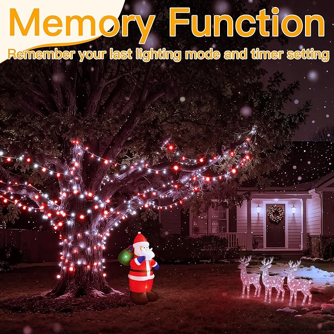 Ollny Red and White Christmas Lights Waterproof, 400LED 131FT String Lights with Remote 3 Timer, Plug in 8 Modes Fairy Light for Xmas Tree Indoor Bedroom House Party Wedding Decorations
