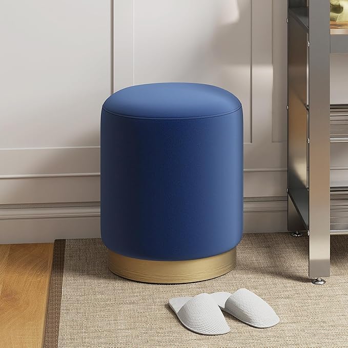 DAGONHIL Modern Round Velvet Ottoman,Upholstered Make-up Short Stools with Gold Plating Base,Foot Stool for Living Room,Pack of 1,Blue