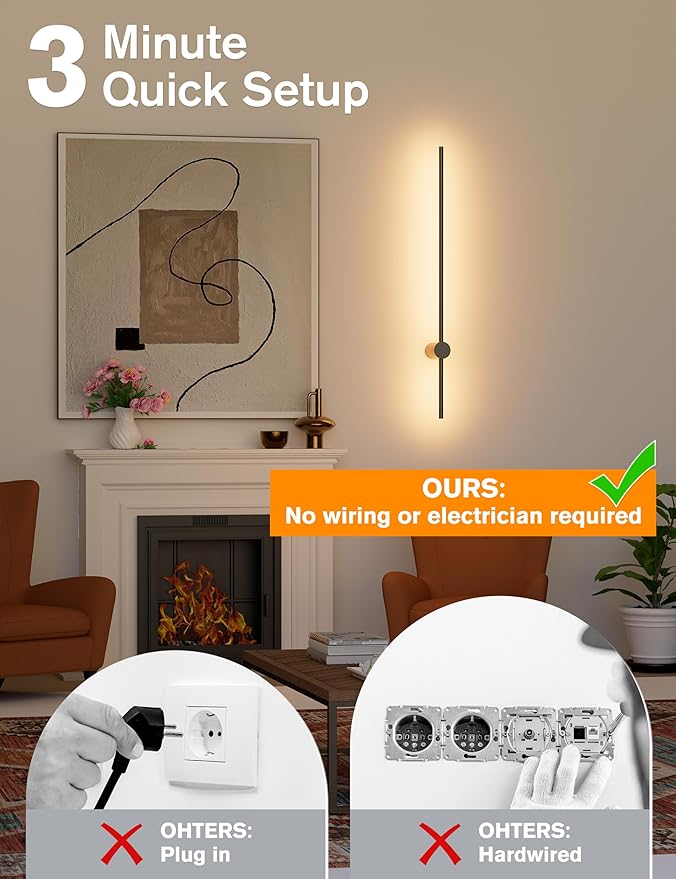 Battery Operated Wall Sconces Set of 2,10000mAh Rechargeable Wireless Sconces with Remote Control,Halloween Decor Dimmable Wall Lamps with 7 Colors,35.4 Inch Modern Black Wall Lights