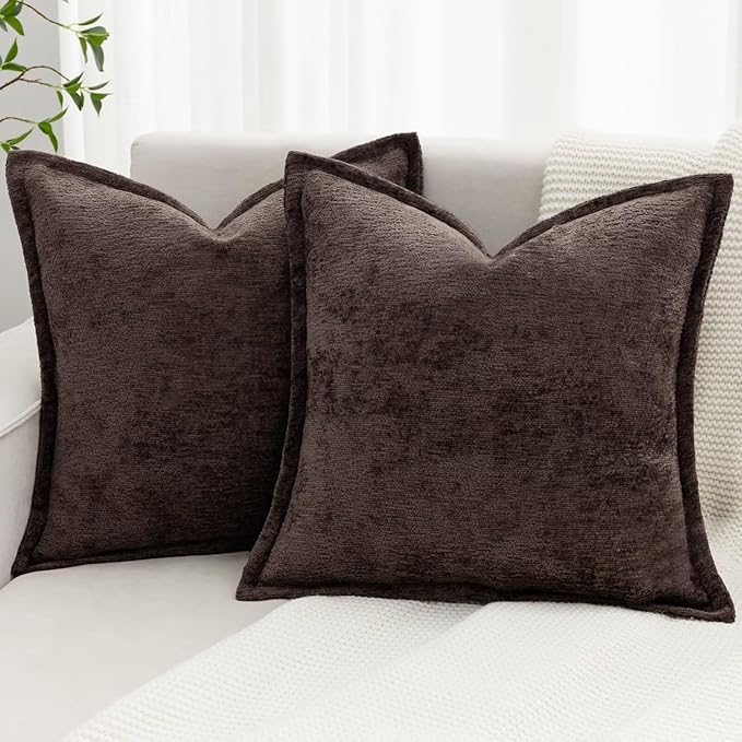 Brown Decorative Throw Pillow Covers 22x22 Inch Set of 2 Cozy Soild Chenille Cushion Cases Soft Textured Square Couch Pillows Cover Boho Accent Farmhouse Pillowcases for Sofa Bed