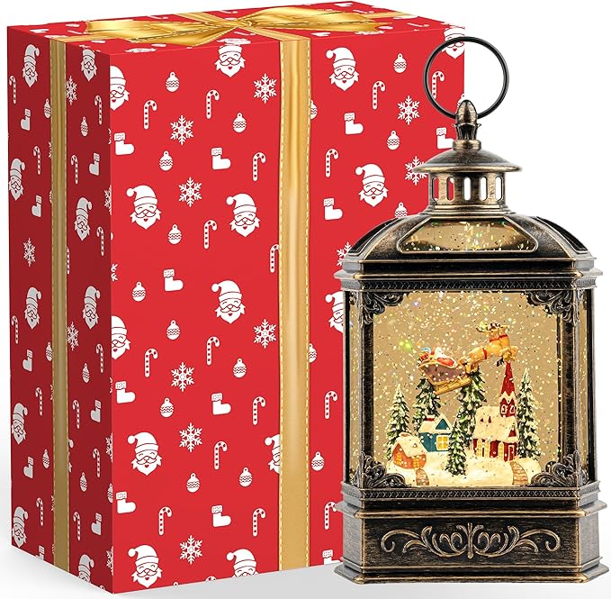 Christmas Snow Globe Lighted Church & Flying Santa Scene, Musical Snow Water Lantern Swirling Glittering Home Decoration and Gift, Battery Operated or USB Powered