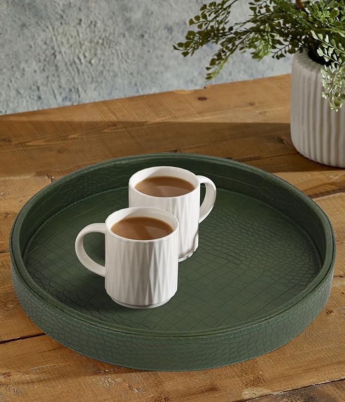 HofferRuffer Faux Leather Round Serving Tray, Vegan Croco Leather Decorative Tray, Food Tray for Storage Drinks, Snack & Cosmetics, Dia.12'' x 1.6'' (Green)
