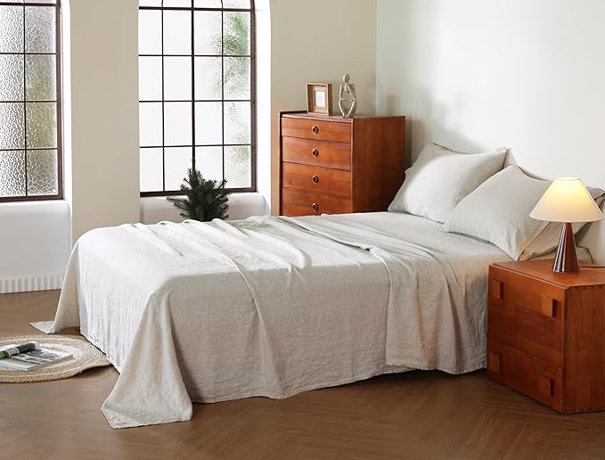 100% French Flax Linen Sheet Set, Bed Sheets Breathable and Durable, 4 Pcs Set - 1 Flat Sheet, 1 Fitted Sheet, 2 Pillowcases, 16 Inch Deep Pocket, All Season (Natural Linen, Queen)