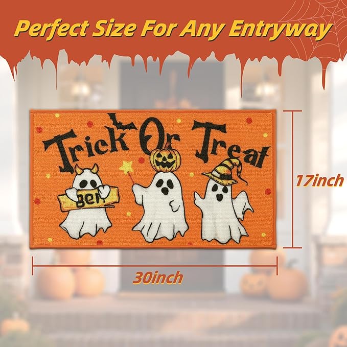 JSEI Halloween Holiday Doormat, 17''x30'' Non-Slip Ghost and Pumpkins Decorative Welcome Mats for Floor, Low-Profile Entryway Rugs Washable, Flying Ghosts Pattern