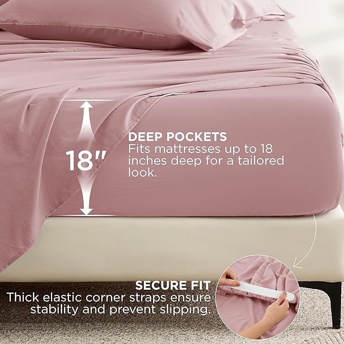 Bedsure Deep Pocket Queen Sheets - 6 Piece, Prewashed Ultra-Soft Queen Sheet Set, Fits Mattresses Up to 18 Inches Thick, Breathable & Secure Fit, Hotel Luxury Bedding, Light Pink
