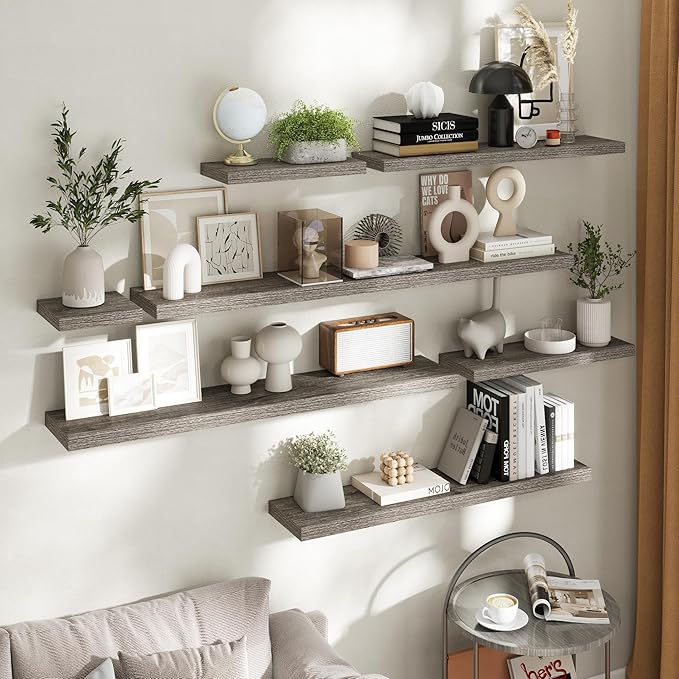 8 Inch Square Floating Shelves for Wall 3 Pack, 8"D Wood Grain Bathroom Shelves with Invisible Brackets, Easy Install Engineered Wood Storage Shelves for Kitchen, Living Room, Bedroom, Grey Oak Finish