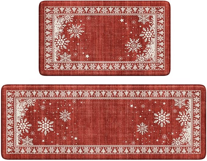 Christmas Kitchen Mats for Floor 2 Piece, Snowflake Kitchen Floor Mats Cushioned Anti Fatigue Kitchen Rugs Non Slip, Bordered Comfort Thick Standing Mat for Home Decor,Sink(Red)