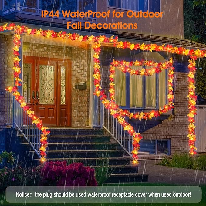Fall Decorations for Home Large Maple Leaves 2 Pack 9FT Plug in Fall Lights with 50 Orange Bulb UL Certified Connectable Fall Decor Garland for Indoor Outdoor Aumtum Halloween Thanksgiving Decoration