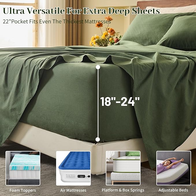 MEISHANG 100% French Pure Linen Sheets Queen Size - 6 PC Extra Deep Pocket Sheet Set, Soft Durable Flax Linen, Anti-Tear Breathable & Oeko-Tex Certified 18-24 Deep Pocket,All Season(Forest Green)