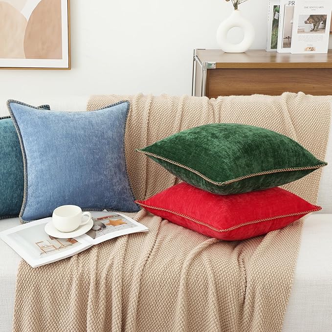 decorUhome Christmas Chenille Soft Throw Pillow Covers 22x22 Set of 2, Farmhouse Velvet Neutral Decorative Euro Pillow Covers with Stitched Edge for Couch Sofa Bed Home Decor, Green
