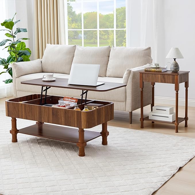 23.6” Large End Table with Charging Station, Modern Farmhouse Side Table Sofa Tables with Fluted Drawer, Wooden Bedside Table Night Stand for Bedroom Living Room Home Office, Walnut