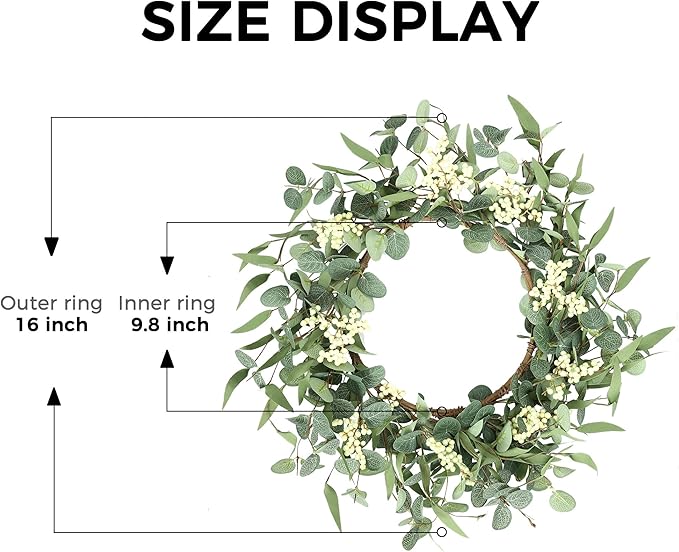 Pinkpum 16'' Eucalyptus Wreath for Front Door, Porch, Window - Green Decor for Home, Farmhouse - Spring, Summer, Fall, All Seasons