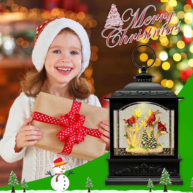 Christmas Snow Globes Lantern with Music & Timer - USB/Battery Operated LED Glittering Globe Lantern, Snow Globe Decoration for Home Holiday Decor (Red Robin)