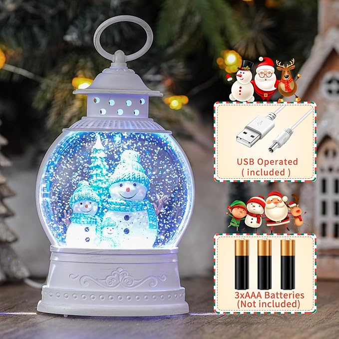 Christmas Snowman Snow Globes, Snowman Family Musical Snow Globe Lantern with Timer, Lighted Christmas Decorations Indoor, USB or Battery Operated