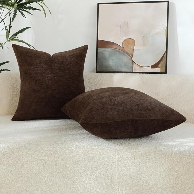 Coffee Brown Chenille Decorative Couch Throw Pillow Covers, Soft Cushion Cases for Home Livingroom Sofa Décor, Pack of 2, 14 x 14 Inches