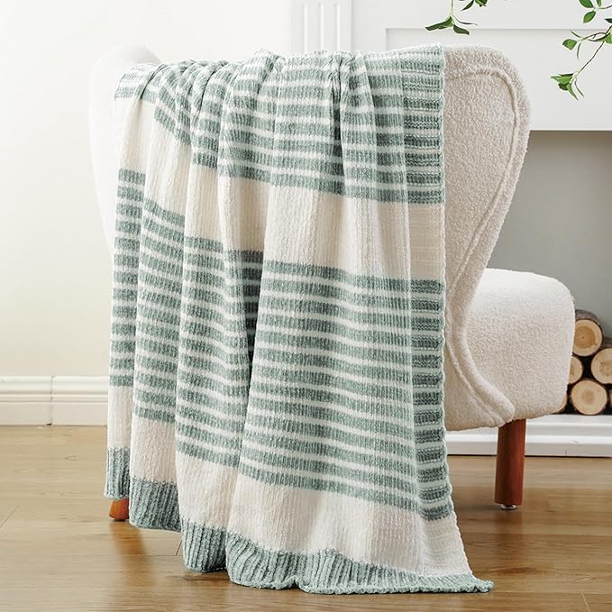 BATTILO HOME Sage Green Throw Blanket for Couch, Farmhouse Chenille Knitted Blanket for Home Decor, Light Green Striped Spring Summer Throw Blanket, 51"x67"