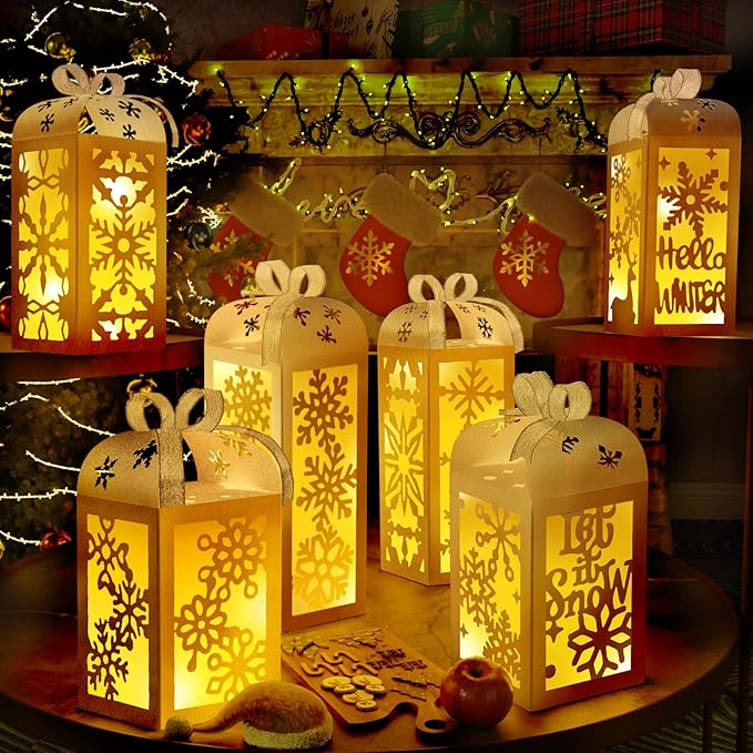 OuMuaMua Christmas Centerpiece Table Decorations, 6Pcs Light Up White Snowflake Paper Lanterns Decorative Glitter Table Centerpiece Boxes for Winter Wonderland Christmas Holiday Party Home Decor