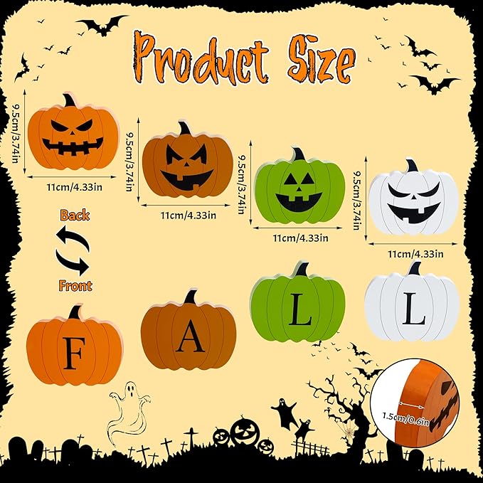 QINJIEJIE Fall Pumpkin Decor, Autumn Decorations for Home Halloween Decor Indoor, 4 Pcs Double-sided Pumpkin Wooden Sign, Thanksgiving Decorations for Indoor Home Office Table Tiered Tray Mantel