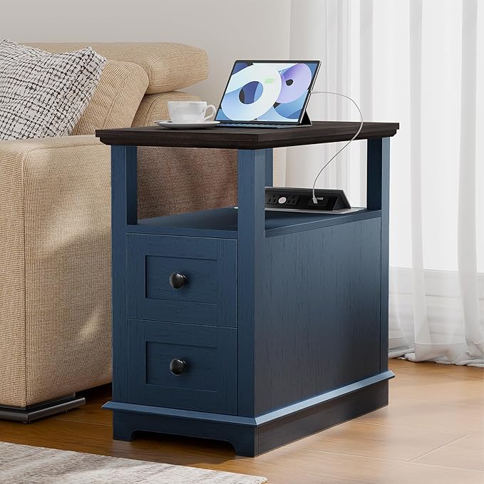HIFYOBRO 2 Drawers End Table with Flip Top Charging Station Set of 2, Narrow Side Table, Type-C & USB Port & Power outlets, Wooden Storage End Table for Living Room, Bedroom