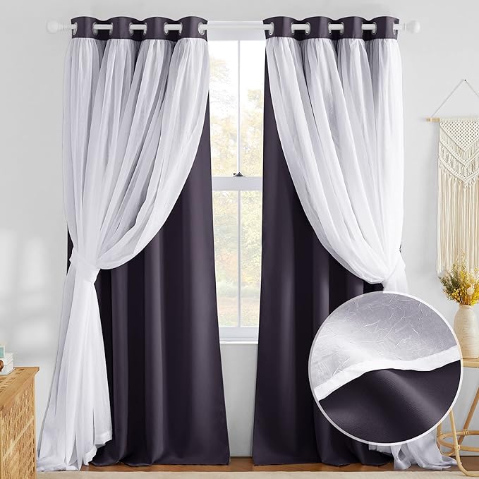 NICETOWN Blackout Curtains for Living Room Window Covering Double Layer Drapes with Sheer Overlay Thermal Insulated Farmhouse Rustic Design for Bedroom, W52 x L84 Inches, Greyish Purple, 2 Panels