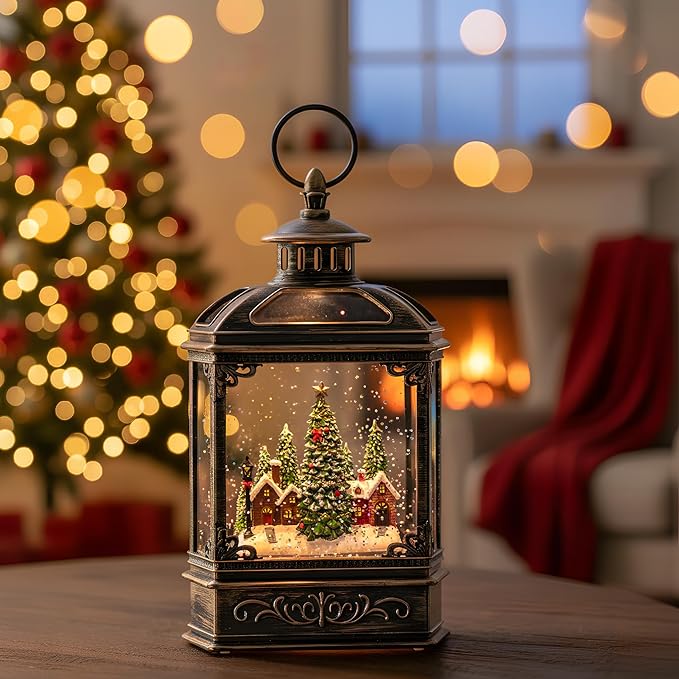 Christmas Village Snow Globe Lantern Musical Lighted Village House Water Lantern in Swirling Glitter, Christmas Home Decoration and Gift, Battery Operated or USB Powered