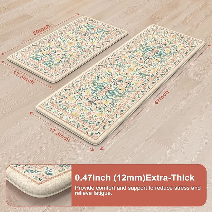 Collive Kitchen Mats for Floor, Cushioned Anti Fatigue Mat Non Skid Waterproof Kitchen Rugs Set of 2, Modern Floral Comfort Standing Rug for Home, Office, Sink, Laundry, 17"x29"+17"x47", Pink
