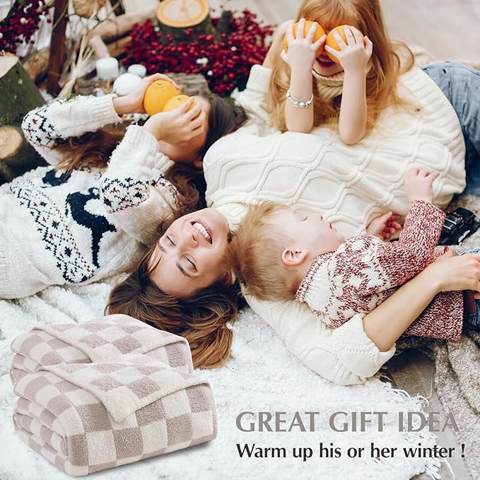 WRENSONGE Fall Checkered Throw Blanket, Taupe Soft Cozy Fluffy Warm Throw Blankets for Couch, Sofa, Chair, Bed, Camping, Picnic, Office,Travel Lightweight Bed Blanket - 50"*70"