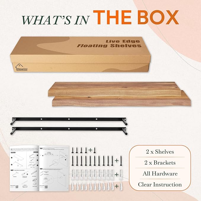 24" Acacia Live Edge Floating Shelves Set of 2 - Wall Mounted Wooden Shelf for Stylish Home Décor - Teak Look Color 24x7.5x1.5 Inches