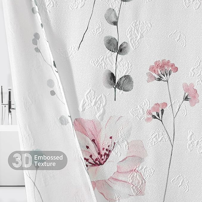 QiyI Small Stall Shower Curtain 36 x 72, Narrow Half Watercolor Floral Bath Curtain, 3D Embossed Grey Pink Flower Cloth Bathroom Curtain, Waterproof Fabric White Shower Curtain Set with Hooks