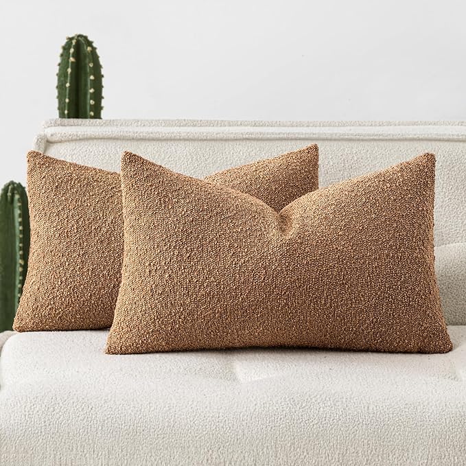 Woaboy Pack of 2 12x20 Inch Decorative Boucle Throw Pillow Covers Textured Lumbar Pillowcaes Accent Solid Cozy Soft Cushion Covers Home Decor for Sofa Couch Living Room Home Decor,Brown
