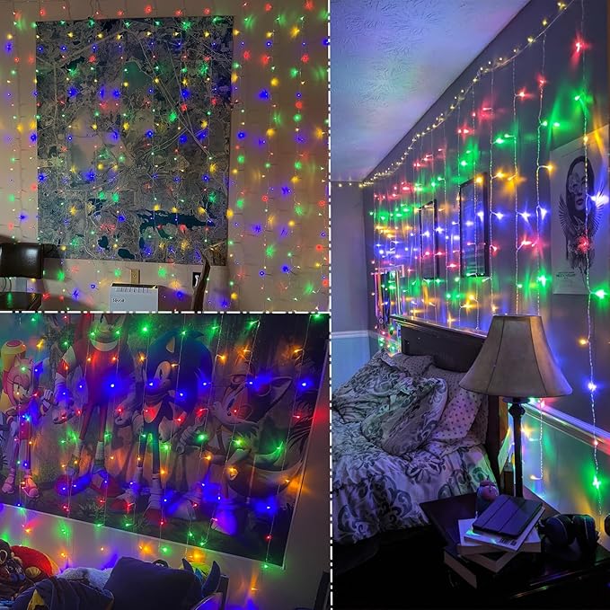 WATERGLIDE 300 LED Curtain Lights, Remote Control Christmas Decorative Hanging String Lights, 8 Lighting Mode, Plug in for Indoor Outdoor Holiday Party Garden Backdrop Wedding Home Decor, Multicolor