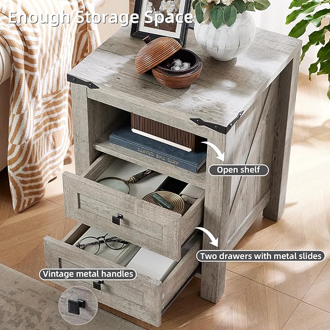 Nightstands Set of 2 with Charging Station, Farmhouse Night Stand with 2 Drawers and Shelf Storage, Wooden Side End Table, Bedside Cabinet for Bedroom, Living Room, Closet,Office (Grey)
