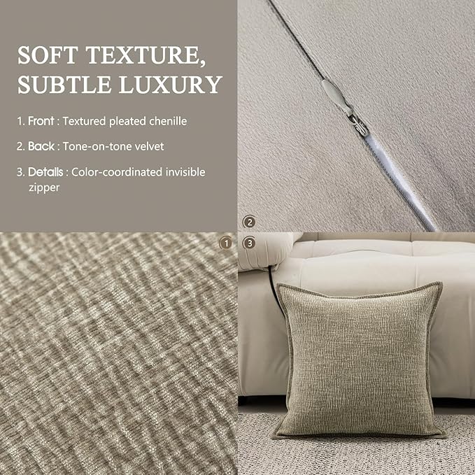 DWR Decorative Throw Pillow Covers Set of 2, 20x20 Crinkled Chenille Textured Cushion Covers for Couch, Sofa or Bed, Modern Rustic Home Accent in Slate Sage Green/Gray