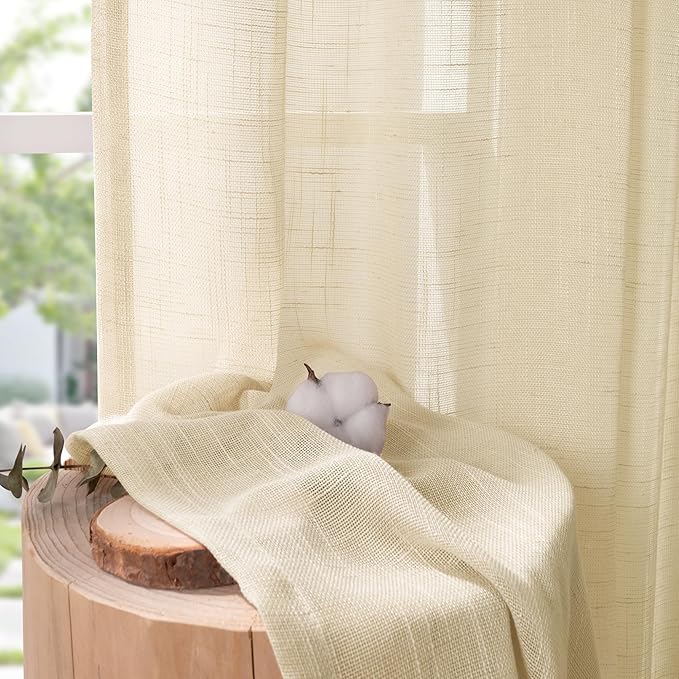 YoungsTex Beige Linen Semi Sheer Curtains 40 Inch Length for Kitchen Window, Short Drapes Textured Light Filtering with Rod Pocket Back Tab for Cafe Bathroom Bedroom, 2 Panels, 42 X 40 Inch