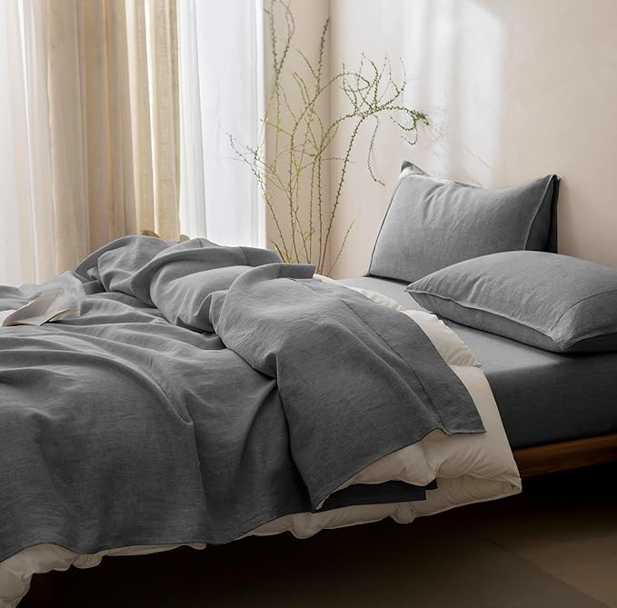 Talasily 100% French Pure Linen Sheets Set King Size,Oeko-TEX Certified Bedding, All-Season Breathable for Hot Sleepers,16 Inch Deep Pocket Machine Washable 4-Piece (Earl Grey)
