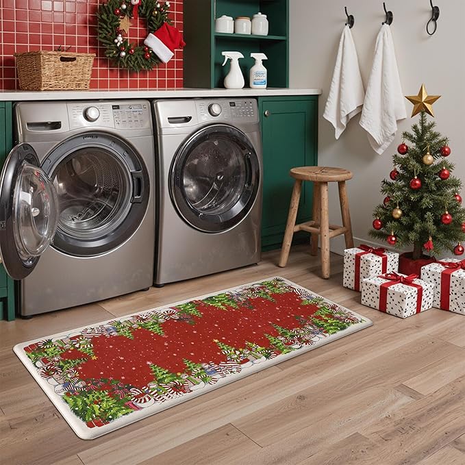 GENIMO Christmas Decorations - Kitchen Mats for Floor, 2PCS Christmas Kitchen Rugs, Cushioned Anti Fatigue Mat for Home Decor, Waterproof Non Slip Standing Mat for Laundry, 17.3"x47"+17.3"x30", Red