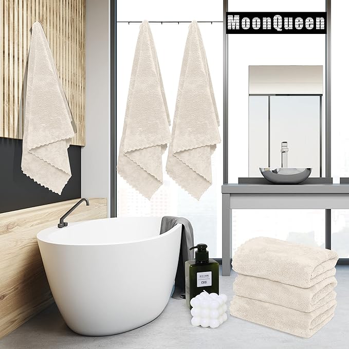 MOONQUEEN 2 Pack Premium Bath Towel Set - Quick Drying - Microfiber Coral Velvet Highly Absorbent Towels - Multipurpose Use as Bath Fitness, Bathroom, Shower, Sports, Yoga Towel (Cream)