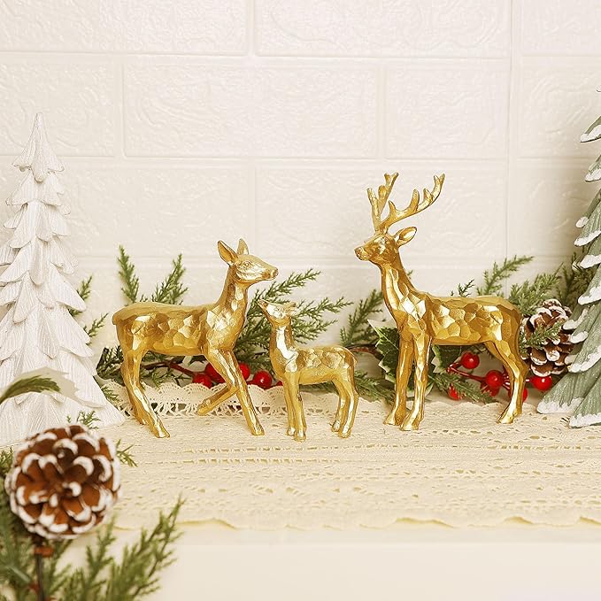 Lulu Home 3 PCS Christmas Tabletop Decorations, Resin Golden Reindeer Family Figurines with Diverse Postures, Xmas Holiday Winter Centerpieces Ornaments for Mantel Shelf Sill Home Office Decor