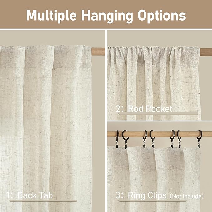 LAMIT Natural Linen Semi Sheer Curtains 45 Inch, Light Filtering Neutral Window Curtains for Bedroom Farmhouse Boho Back Tab and Rod Pocket Panels, Natural Cream Ivory, 2 Panels, 38 x 45 Inch