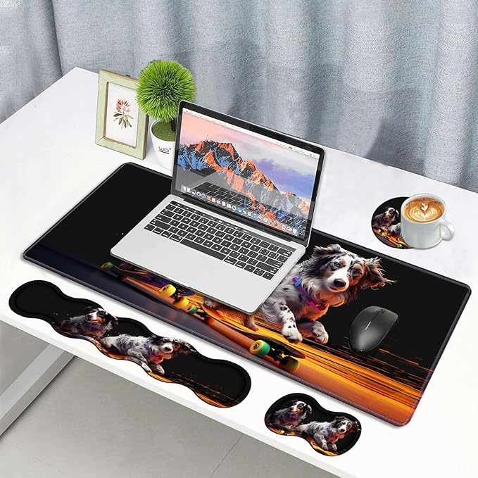 4 in 1 Ergonomic Memory Foam Mouse Pad Wrist Rest Set, Large XXL Gaming Desk Pad + Keyboard Wrist Rest + Mouse Wrist Cushion + Coaster for Home Office Study Gaming, Cute Dog Playing Scooter