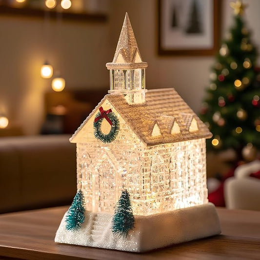 Christmas Lighted Church Water Lantern Snow Globe with Evergreens and Wreath, USB Lined/Battery Operated Lighted Lantern for Christmas Festival Decoration Gifts