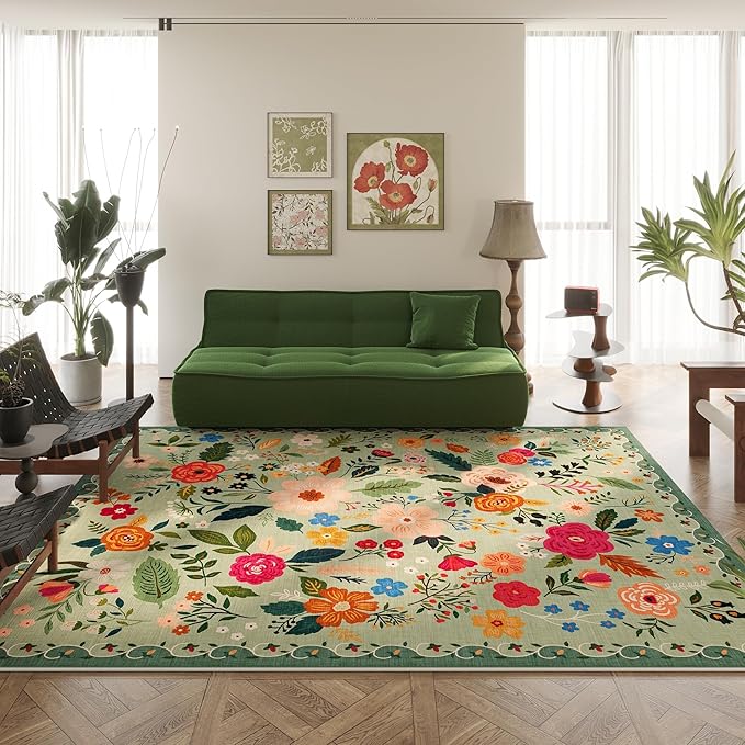 Rugcomf Area Rugs 8x10 Rug for Living Room Clearance Washable Boho Area Rug Non Slip Floral Vintage Low Pile Large Rug for Living Room, Bedroom, Farmhouse, Dining Room, Kids Playroom(Green)