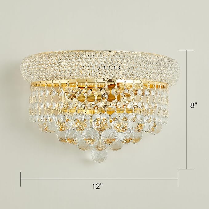 2-Lights Empire Crystal Wall Sconce Light for Living Room Dining Room Bathroom Vanity Mirrors Hallway Bedroom Closet Stairway (Gold)